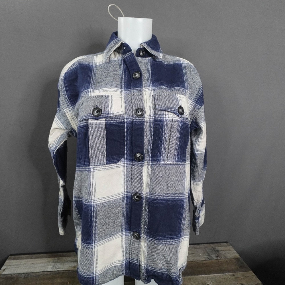 H&M Womens Shacket Jacket XS Blue Plaid Oversize Heavy Button Mid Length Grunge
